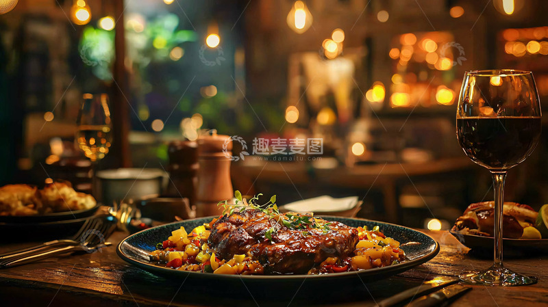 高清大图下载【趣麦麦图】昏暗灯光下西式牛排晚餐