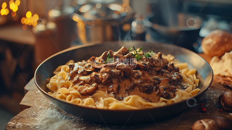 高清大图下载【趣麦麦图】美味奶油蘑菇牛肉意面