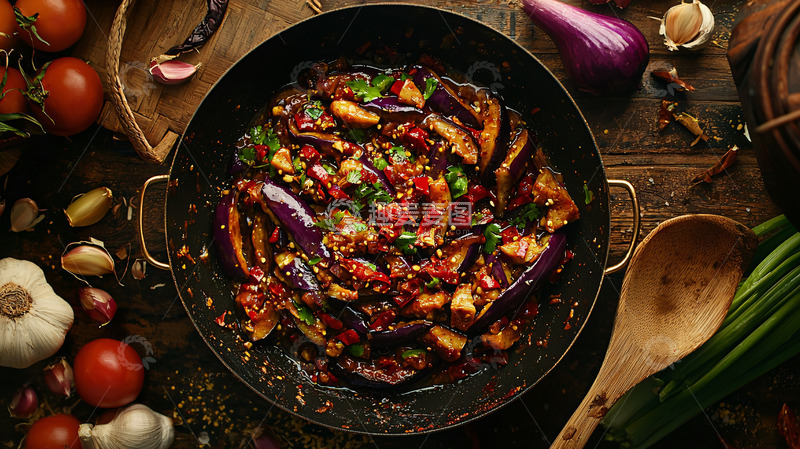 高清大图下载【趣麦麦图】香辣茄子炒制