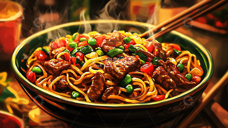 高清大图下载【趣麦麦图】热气腾腾的牛肉炒面