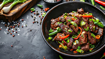 黑盘中色泽油亮的牛肉炒青椒