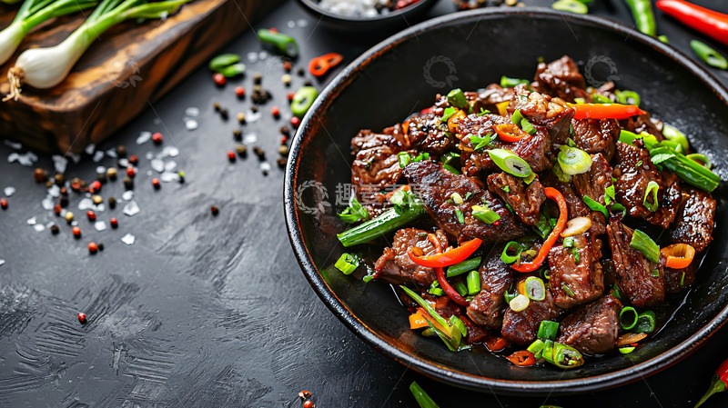 高清大图下载【趣麦麦图】黑盘中色泽油亮的牛肉炒青椒