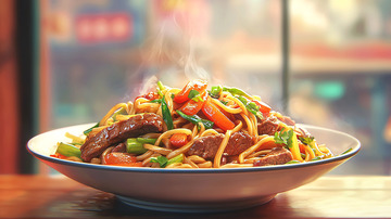 热气腾腾的牛肉炒面
