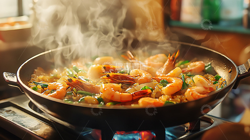 高清大图下载【趣麦麦图】热气腾腾的虾仁炒饭