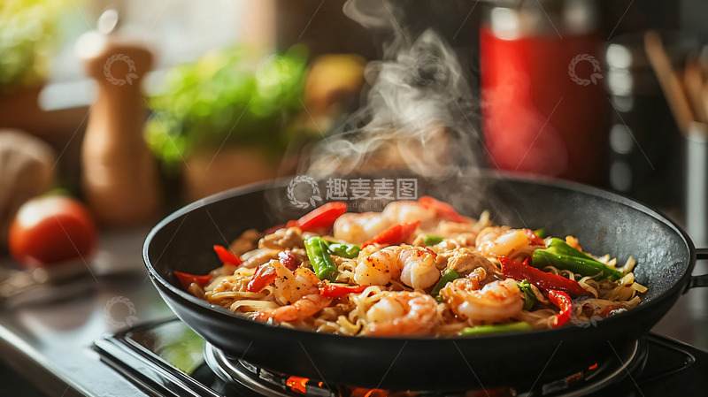 高清大图下载【趣麦麦图】热气腾腾的虾仁炒面