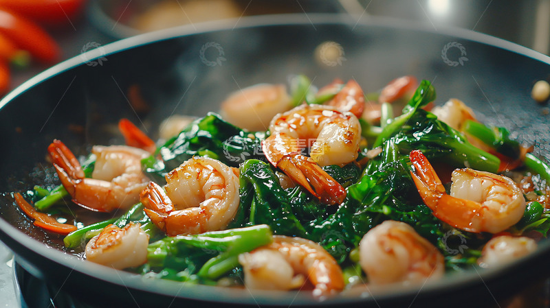 高清大图下载【趣麦麦图】虾仁炒菠菜