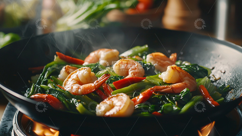 高清大图下载【趣麦麦图】热气腾腾的虾仁炒青菜