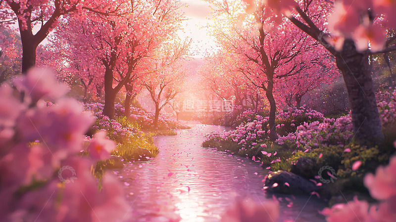 高清大图下载【趣麦麦图】梦幻樱花树林溪流
