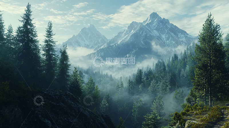 高清大图下载【趣麦麦图】雾气缭绕的雪山森林