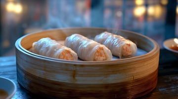 蒸笼里的鲜虾肠粉