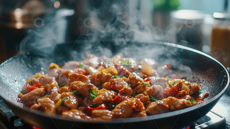 高清大图下载【趣麦麦图】热气腾腾的鸡肉炒菜