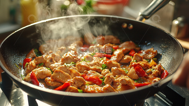 高清大图下载【趣麦麦图】热气腾腾的鸡肉蔬菜炒锅