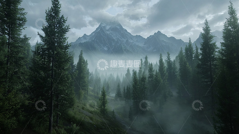 高清大图下载【趣麦麦图】雾气笼罩下的山脉森林