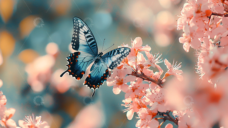 高清大图下载【趣麦麦图】蓝蝴蝶停在粉红色花朵上