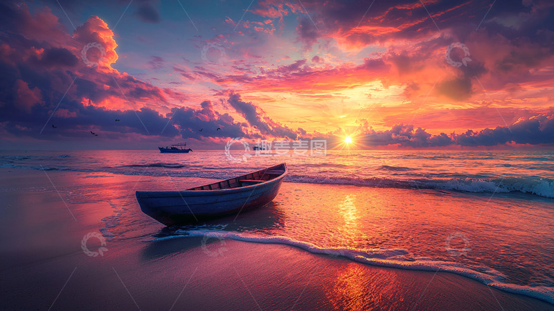 高清大图下载【趣麦麦图】日落海滩小船