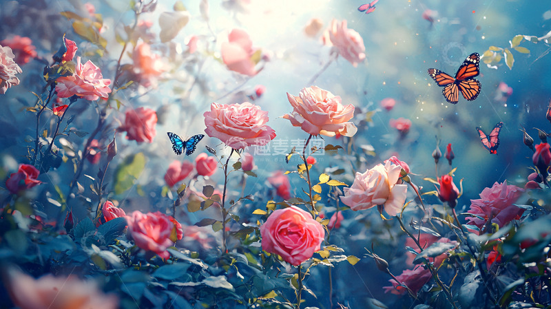 高清大图下载【趣麦麦图】梦幻玫瑰花蝴蝶花园