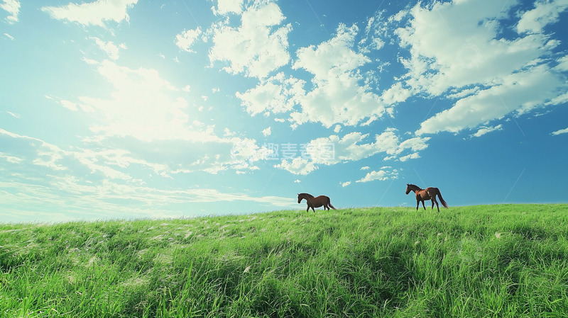 高清大图下载【趣麦麦图】蓝天白云下的两匹马