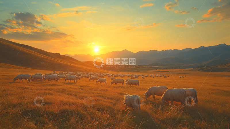 高清大图下载【趣麦麦图】夕阳下草原上的羊群