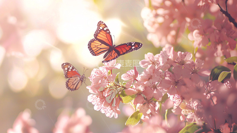 高清大图下载【趣麦麦图】阳光下的蝴蝶和粉色花朵