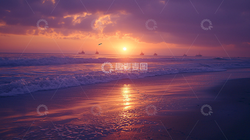 高清大图下载【趣麦麦图】紫色日落海滩
