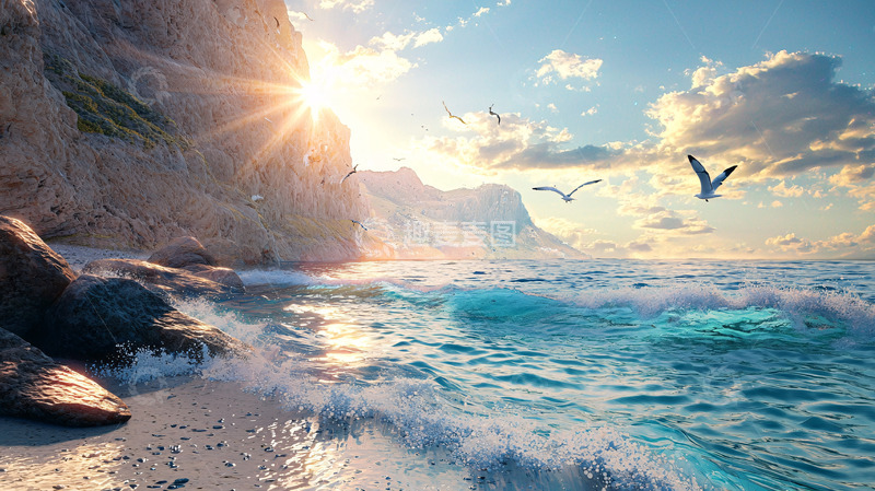 高清大图下载【趣麦麦图】阳光海岸线海鸥飞翔