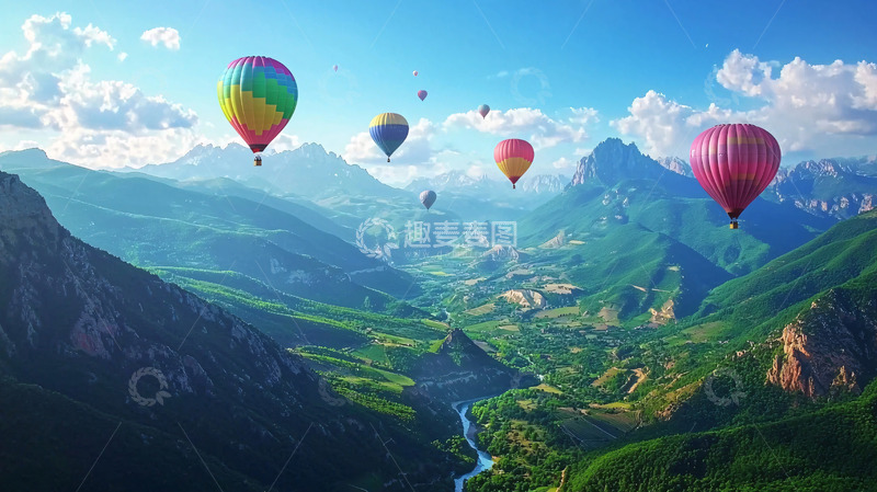 高清大图下载【趣麦麦图】热气球飞跃山谷