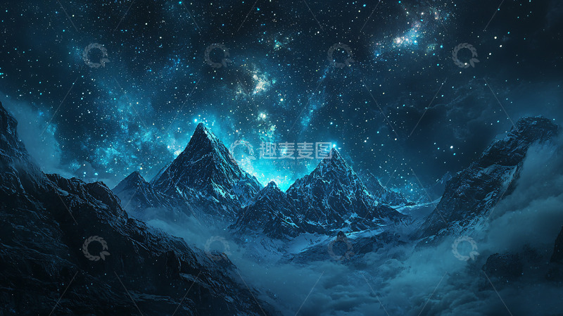 高清大图下载【趣麦麦图】蓝色星空下的雪山