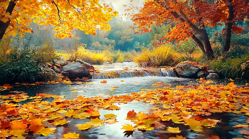 高清大图下载【趣麦麦图】秋日溪流落叶景色
