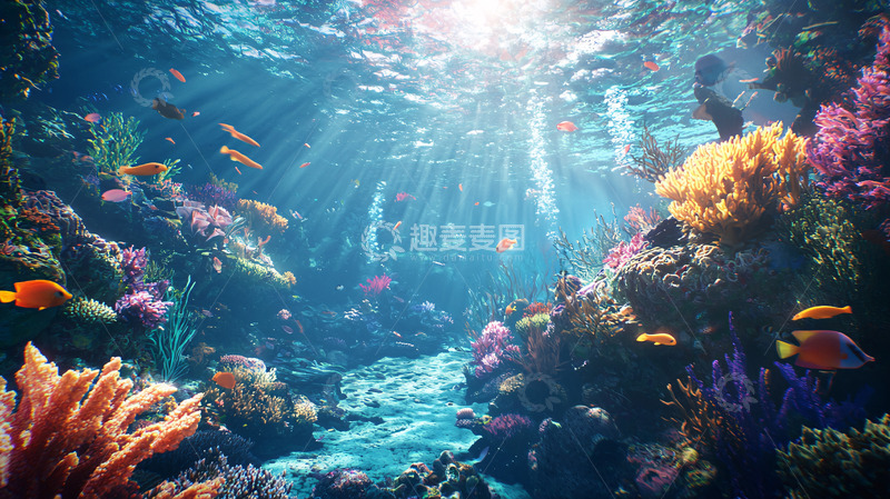 高清大图下载【趣麦麦图】阳光透过海水照射珊瑚礁