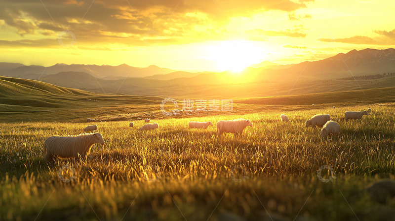 高清大图下载【趣麦麦图】夕阳下草原上的绵羊