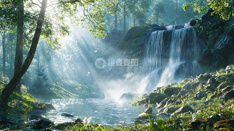 高清大图下载【趣麦麦图】阳光森林瀑布