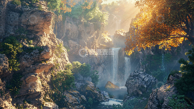 高清大图下载【趣麦麦图】阳光洒在峡谷瀑布