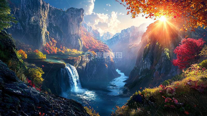 高清大图下载【趣麦麦图】秋日峡谷瀑布