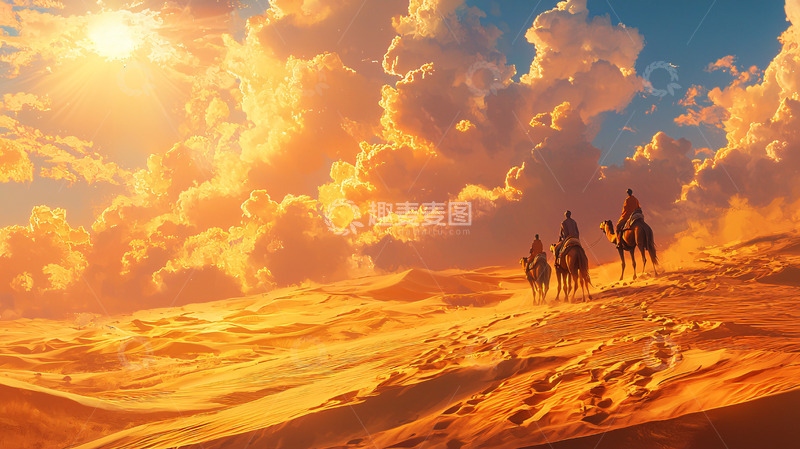 高清大图下载【趣麦麦图】沙漠落日骑骆驼