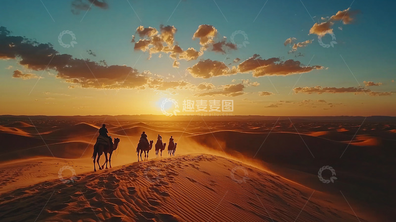 高清大图下载【趣麦麦图】沙漠日落驼队剪影