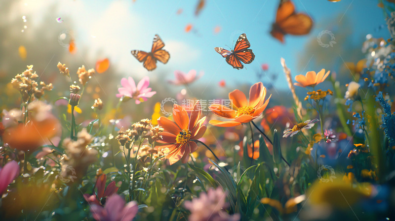 高清大图下载【趣麦麦图】阳光下飞舞的蝴蝶和野花