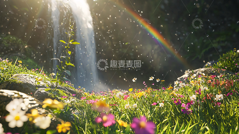 高清大图下载【趣麦麦图】瀑布彩虹花海