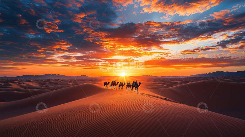 高清大图下载【趣麦麦图】沙漠日落驼队
