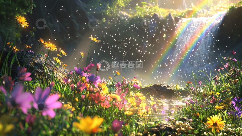 高清大图下载【趣麦麦图】彩虹瀑布花海仙境