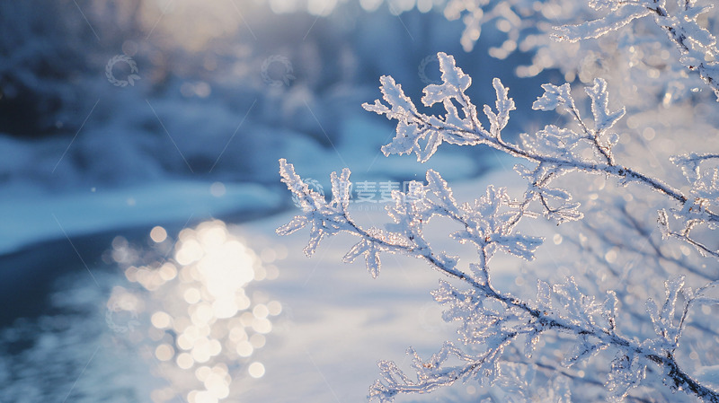 高清大图下载【趣麦麦图】冰雪覆盖的树枝和河流