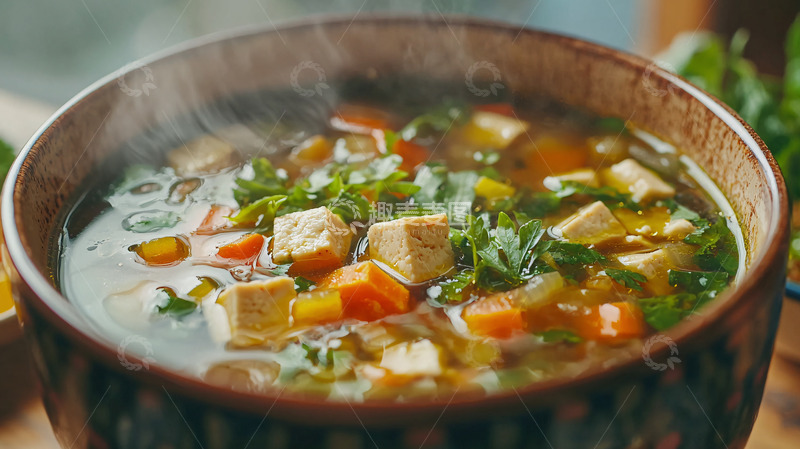 高清大图下载【趣麦麦图】热气腾腾的豆腐蔬菜汤