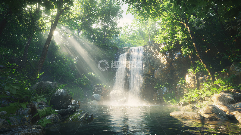 高清大图下载【趣麦麦图】阳光森林瀑布