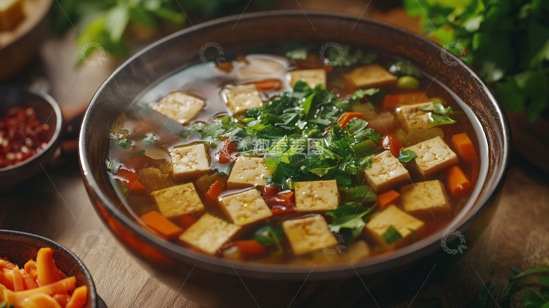 高清大图下载【趣麦麦图】热气腾腾豆腐蔬菜汤