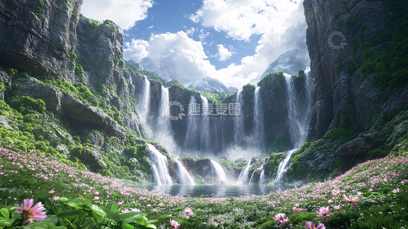 高清大图下载【趣麦麦图】高山峡谷瀑布花海