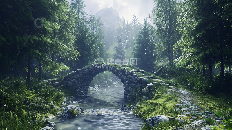 高清大图下载【趣麦麦图】雾气森林古桥