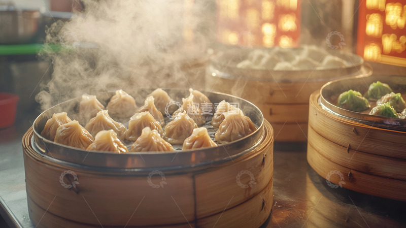 高清大图下载【趣麦麦图】热气腾腾的蒸笼小笼包