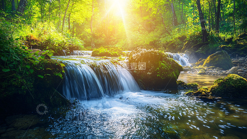 高清大图下载【趣麦麦图】阳光森林小溪瀑布