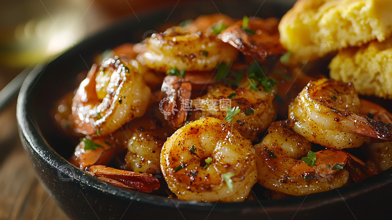 高清大图下载【趣麦麦图】香煎大虾配玉米面包