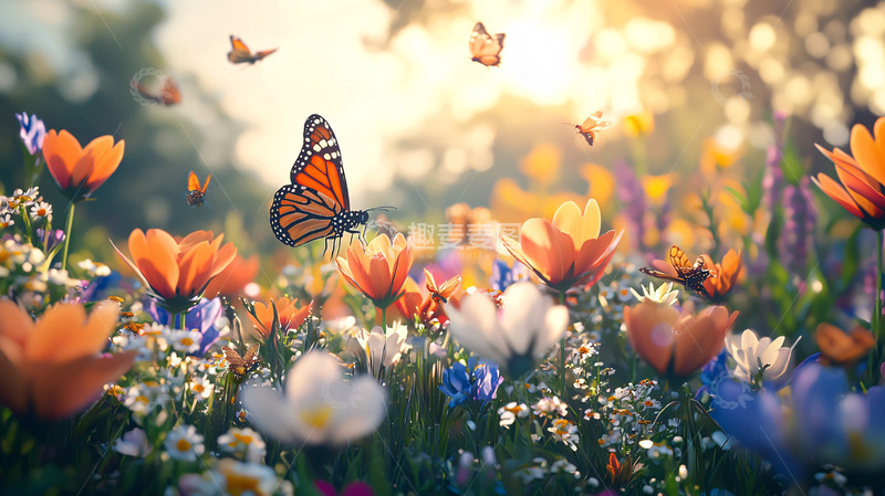 高清大图下载【趣麦麦图】阳光下花海蝴蝶