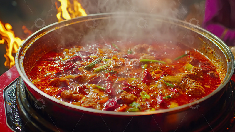 高清大图下载【趣麦麦图】火焰中翻滚的红油火锅